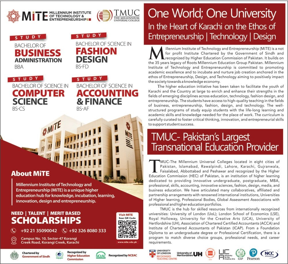 Admission Open in Millennium Institute of Technology & Entrepreneurship Karachi